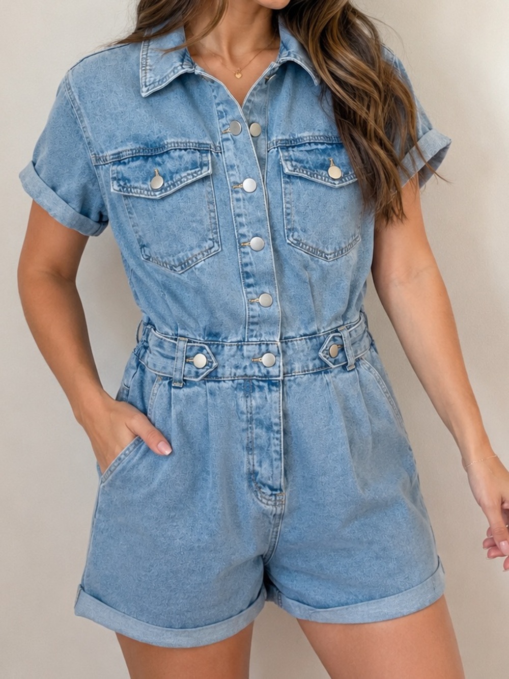 POLAGRAM sz S Retro Short Sleeve Romper Denim Button-Down Shorts Jumper